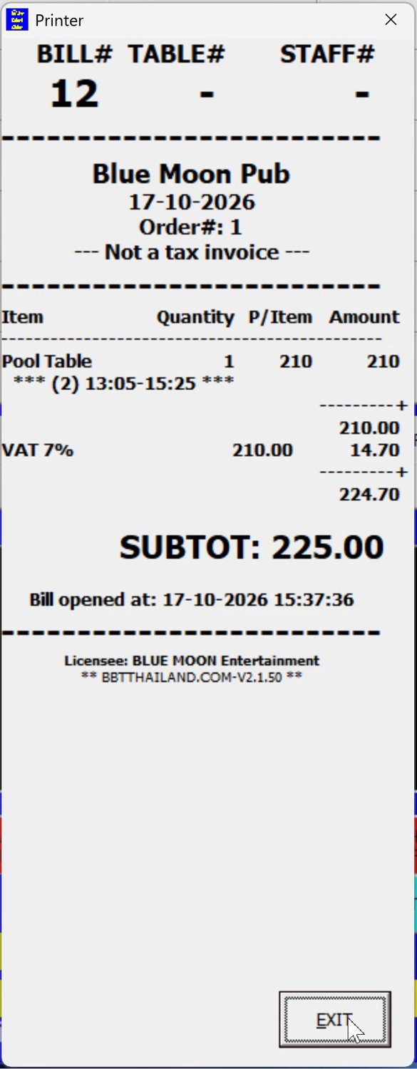 BlueBarTender pool table receipt